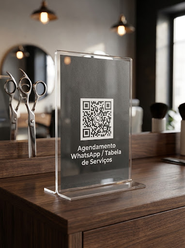 Display acrílico cristal vertical 15x10 cm em barbearia com QR Code para agendamento WhatsApp