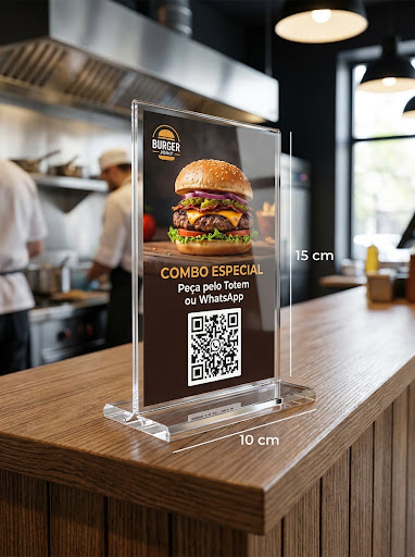 Display acrílico cristal vertical 15x10 cm em balcão de hamburgueria com combo smash burger e QR Code