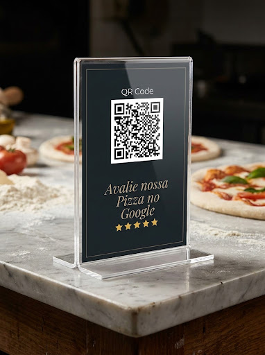 Display acrílico cristal vertical 15x10 cm em pizzaria com QR Code para avaliação no Google Maps