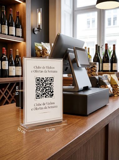 Display acrílico cristal vertical 15x10 cm em balcão de adega e conveniência com QR Code clube de vinhos