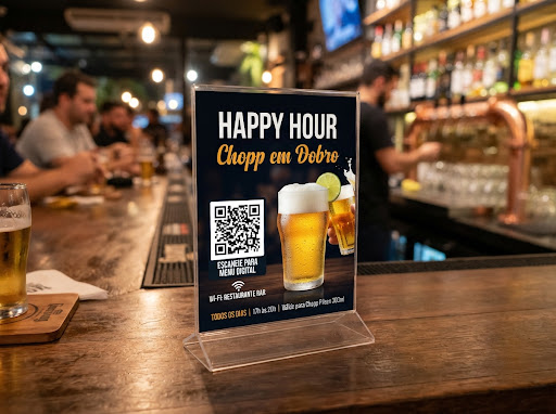 Display de acrílico cristal em balcão de bar divulgando Chopp em dobro e Happy Hour com QR Code