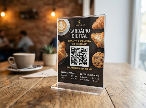 Display acrílico transparente em cafeteria rústica com cardápio digital e QR Code para smartphone